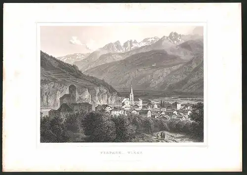 Stahlstich Vispach - Viège /Wallis, Panorama mit Gebirgszug, Stahlstich von A. Fesca