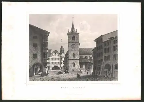 Stahlstich Biel - Bienne / Bern, Ortspartie mit Brunnen und Kirche, Stahlstich von C. Rorich