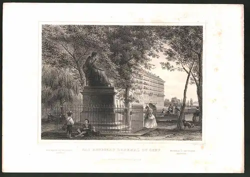 Stahlstich Genf, Rousseau Denkmal, Stahlstich von J. Falkner