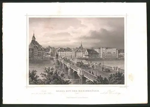 Stahlstich Basel, Flusspartie mit Rheinbrücke, Stahlstich von J. M. Kolb