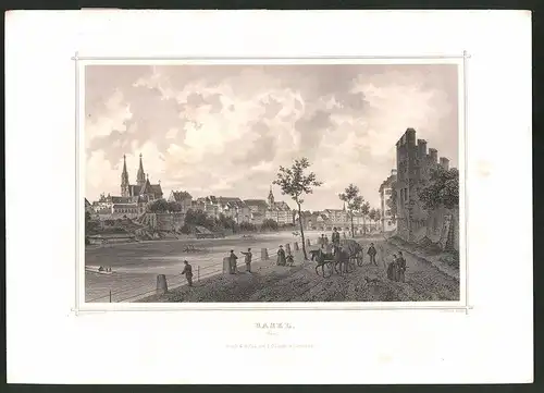 Stahlstich Basel, Rheinpartie mit Münster, Stahlstich von J. Umbach