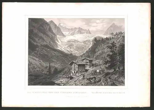 Stahlstich Vieschtal, Hütte gegen Viescher Gletscher, Stahlstich von A. Fesca
