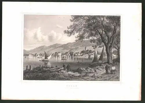 Stahlstich Vevey, Ortschaft von der Seeseite gesehen, Stahlstich von J. Riegel