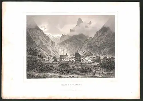 Stahlstich Kandersteg /Bern, Ortspartie mit Gebirge, Stahlstich von A. Fesca