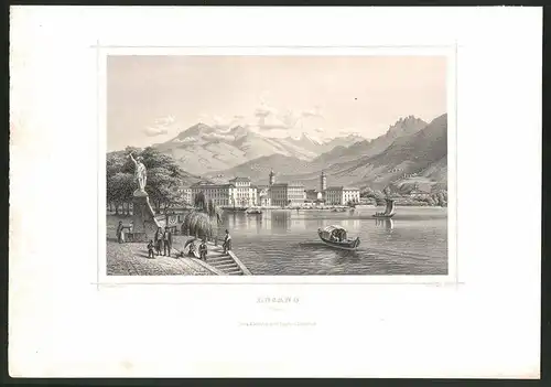 Stahlstich Lugano /Tessin, Seepartie mit Denkmal, Stahlstich von A. J. Terwen