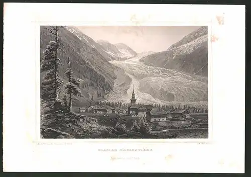 Stahlstich Glacier d`Argentière, Ortspartie mit Kirche, Stahlstich von G. M. Kurz