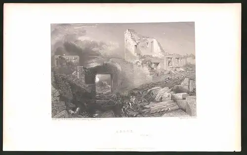 Stahlstich Assos, Ruine im Sonnenuntergang, Stahlstich von W. Finden um 1835