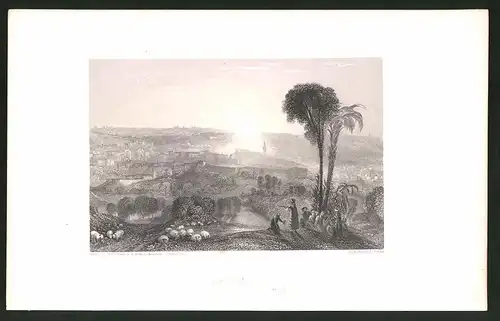 Stahlstich Nazareth, Stadt im Sonnenuntergang, Stahlstich von E. Finden um 1835