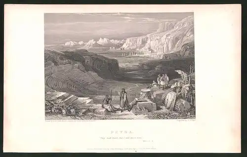 Stahlstich Petra, Amphitheater gegen Ruinen, Stahlstich von W. Finden um 1835
