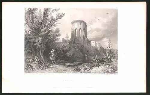 Stahlstich Samaria, Mann mit Gewehr vor Ruine, Stahlstich von E. Finden um 1835