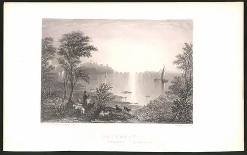 Stahlstich Puteoli, Seepartie mit Schiffen, Stahlstich von E. Finden um 1835