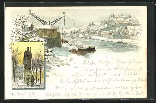Winter-Lithographie Würzburg, Teilansicht mit Brücke, Denkmal