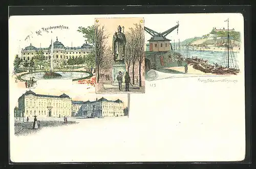 Lithographie Würzburg, Königliches Residenzschloss, Denkmal, Uferpartie