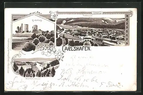 Lithographie Carlshafen, Totalansicht aus der Vogelschau, Krukenburg