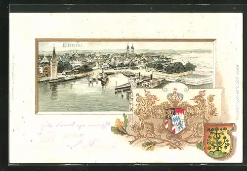 Passepartout-Lithographie Lindau, Hafen mit Dampfern aus der Vogelschau, Wappen