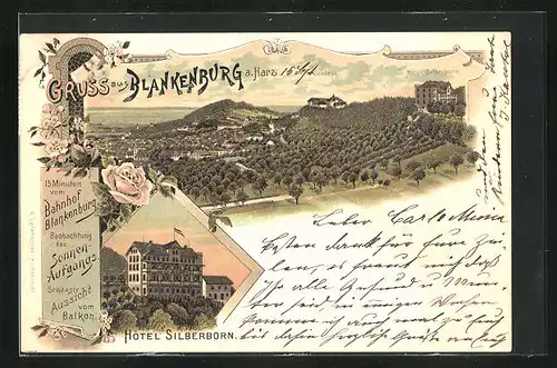 Lithographie Blankenburg a. Harz, Hotel Silberborn, Schloss