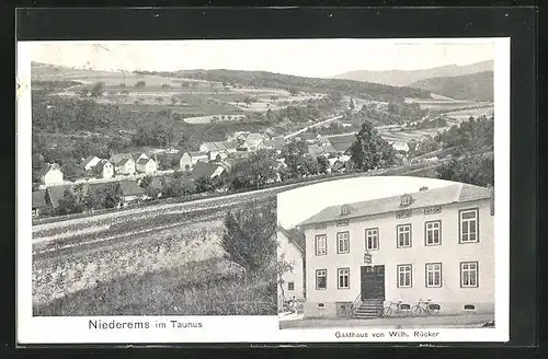 AK Niederems i. Taunus, Gasthaus von Wilhelm Rücker, Ortsansicht aus der Vogelschau