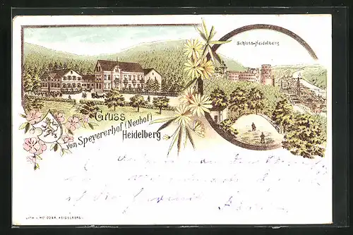 Lithographie Heidelberg, Hotel Speyerhof, Schloss-Heidelberg