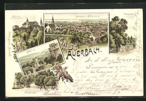 Lithographie Auerbach b. Bensheim, Fürstenlager, Schloss und Kirchhof, Herrenhaus