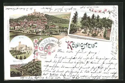 Lithographie Königstein i. T., Burgruine, Teilansicht, Parkanlage und Garten
