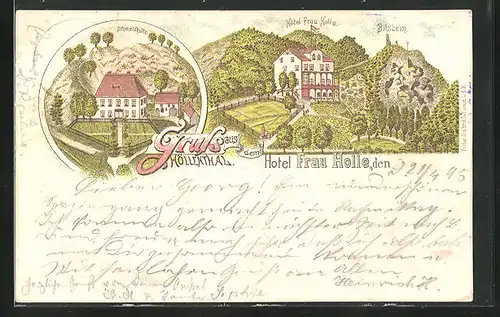 Vorläufer-Lithographie Eschwege, 1895, Hôtel Frau Holle & Bilstein im Höllenthal, Schmelzhütte