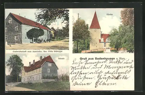 AK Badenhausen a. Harz, Gastwirtschaft zum Auerhahn, Schule, Kirche
