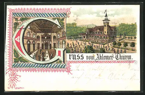 Lithographie Hannover, Gasthaus Ahlemer Turm, Innenansicht