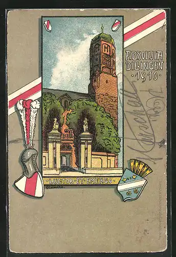 Künstler-AK Dillingen, Absolvia Dillingen 1910, Kirche und Wappen