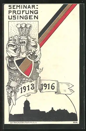 Künstler-AK Usingen, Seminarprüfung 1913 / 1916, Wappen