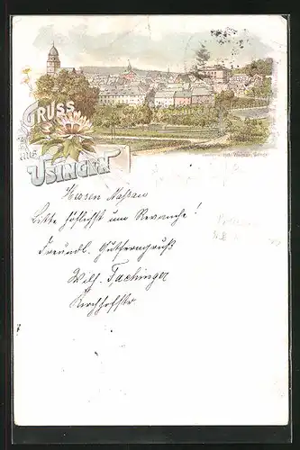 Lithographie Usingen, Totalansicht mit Kirche