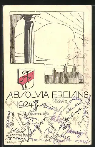 Künstler-AK Freising, Absolvia 1924 mit Unterschriften der Absolventen, Wappen