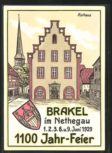 Künstler-AK Brakel im Nethegau, 1100 Jahr Feier 1929, Rathaus und Wappen