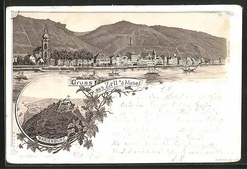 Lithographie Zell a. d. Mosel, Stadtansicht mit Ufer, Marienburg