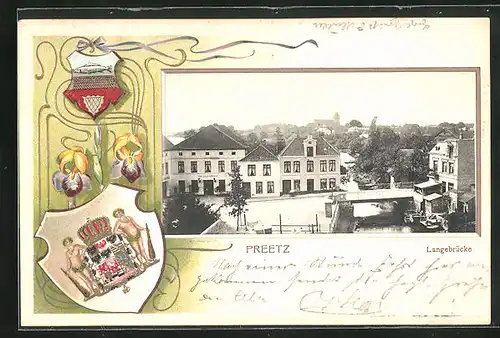 Passepartout-Lithographie Preetz, Langebrücke mit Wappen