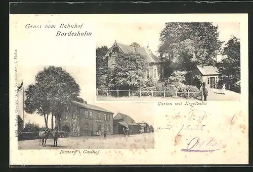 AK Bordesholm, Gasthof Bustorff mit Kegelbahn