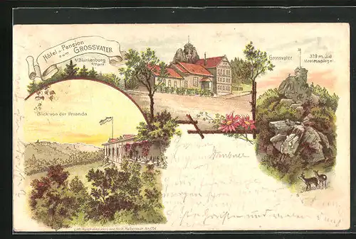 Lithographie Blankenburg / Harz, Hotel Zum Grossvater, Blick von der Veranda am frühen Abend