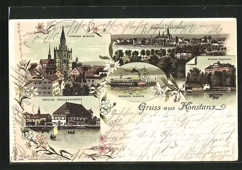 Lithographie Konstanz, Conciliumsgebäude, Münster, Bodenseedampfer