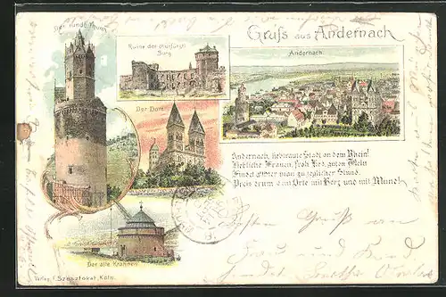 Lithographie Andernach, Der runde Turm, alter Krahnen, Totalansicht