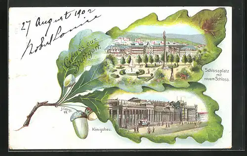 Passepartout-Lithographie Stuttgart, Schlossplatz mit neuem Schloss, Königsbau, Eichenblatt