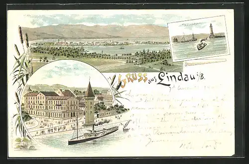 Lithographie Lindau i. B., Hotel Helvetio mit Fluss, Totalansicht