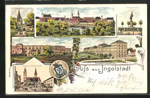 Lithographie Ingolstadt, Friedenskaserne, Totalansicht, Kreuztor