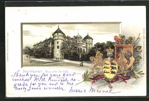 Passepartout-Lithographie Stuttgart, Das alte Schloss, Wappen