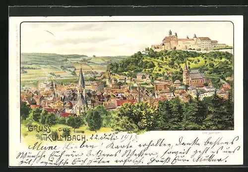 Lithographie Kulmbach, Totalansicht mit Kirche