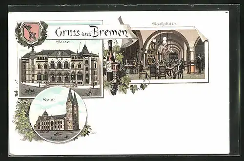 Lithographie Bremen, Gasthaus Rathskeller, Dom, Börse