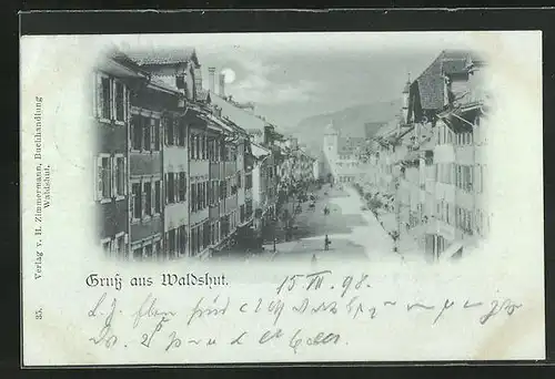 Mondschein-AK Waldshut, Ortspartie mit Strasse