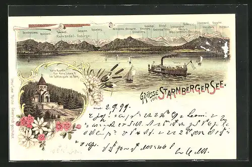 Lithographie Starnberg, Dampfschiff Bavaria auf dem See, Votiv-Kapelle