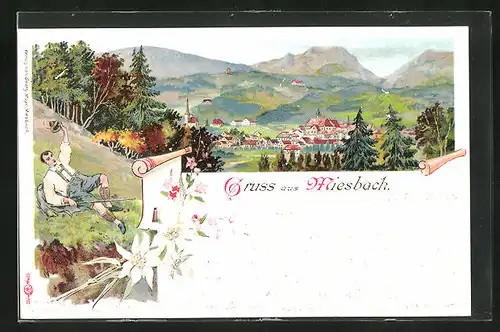 Lithographie Miesbach, Gesamtansicht mit Bergpanorama