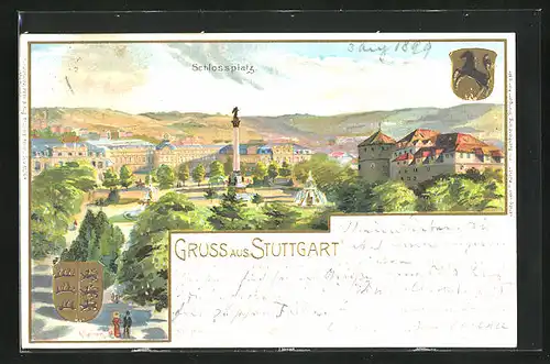 Präge-Künstler-AK Stuttgart, Schlossplatz mit Brunnen und Denkmal