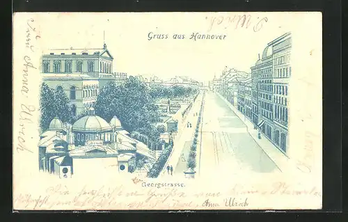 Lithographie Hannover, Georgstrasse mit Café Kröpcke