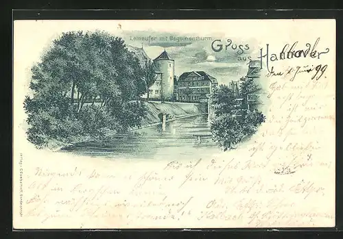 Lithographie Hannover, Leineufer mit Beguinenturm